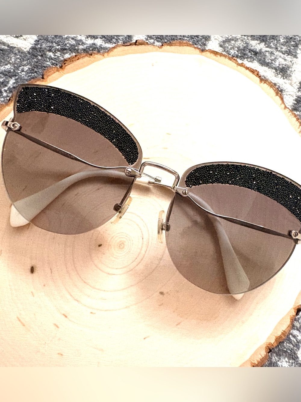 Miu Miu Black Glitter-Trim Cat-Eye Sunglasses with Brown Lenses
